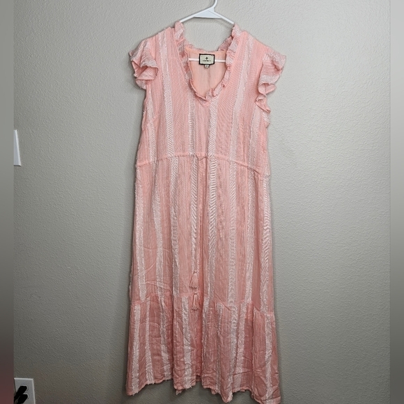 Tuckernuck Dress Women's XS Pink Cinch Waist Midi Pink White